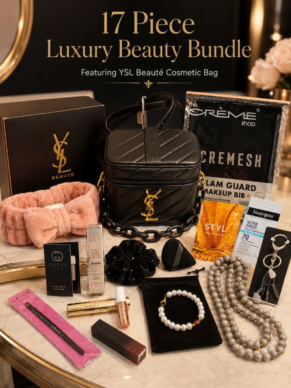 17pc YSL Beauté Cosmetic Bag Beauty Makeup Jewelry Spa Gift Bundle